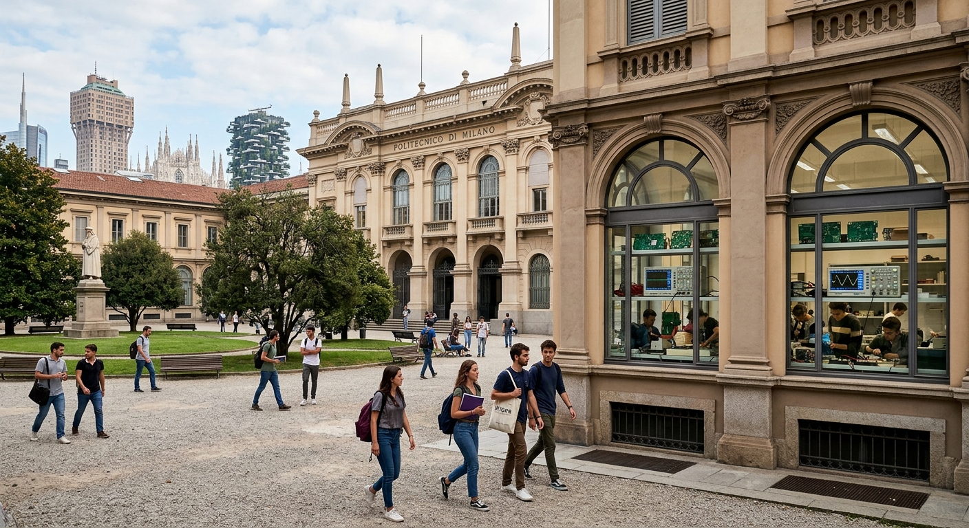Politecnico di Milano Leonardo campus building with neoclassical architecture, engineering students walking through the courtyard, electronic circuit boards and oscilloscopes visible through laboratory windows, Milan cityscape in the background
