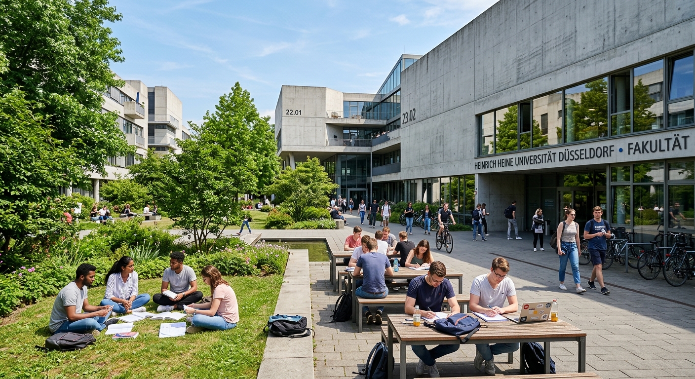 Heinrich Heine University Düsseldorf modern campus buildings with concrete architecture, green courtyards, students studying outdoors, sunny day