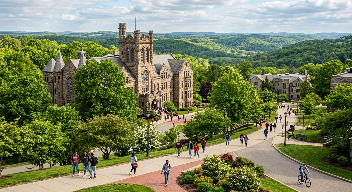 Seton Hill University campus in Greensburg Pennsylvania, historic stone buildings surrounded by lush green trees on a 200-acre wooded campus, students walking along pathways with rolling hills of the Laurel Highlands in the background