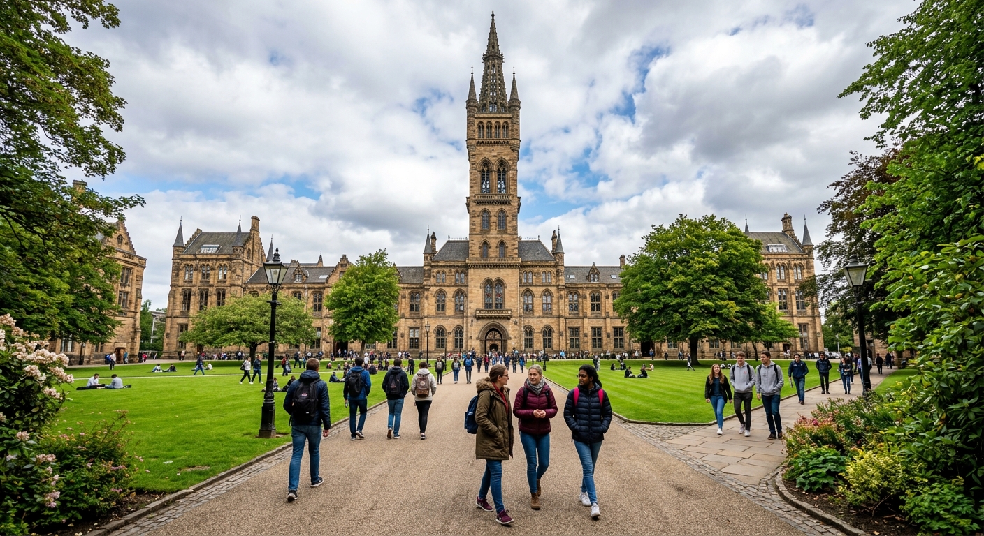 University of Glasgow historic Gothic revival main building with its iconic tower, green campus lawns, and students walking along pathways under a partly cloudy Scottish sky