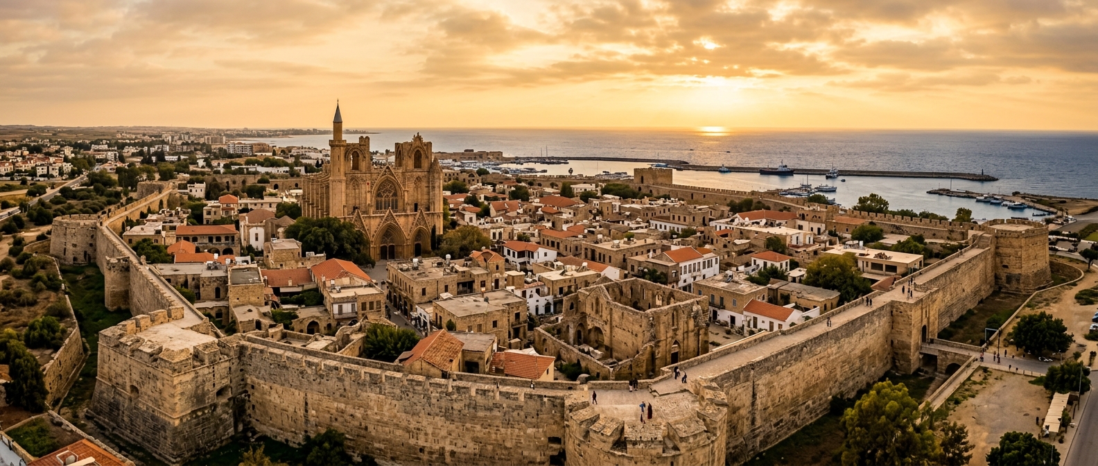 Panoramic view of Famagusta walled city in Northern Cyprus, medieval Venetian walls, Lala Mustafa Pasha Mosque towering above the skyline, Mediterranean Sea in the background, golden sunset light