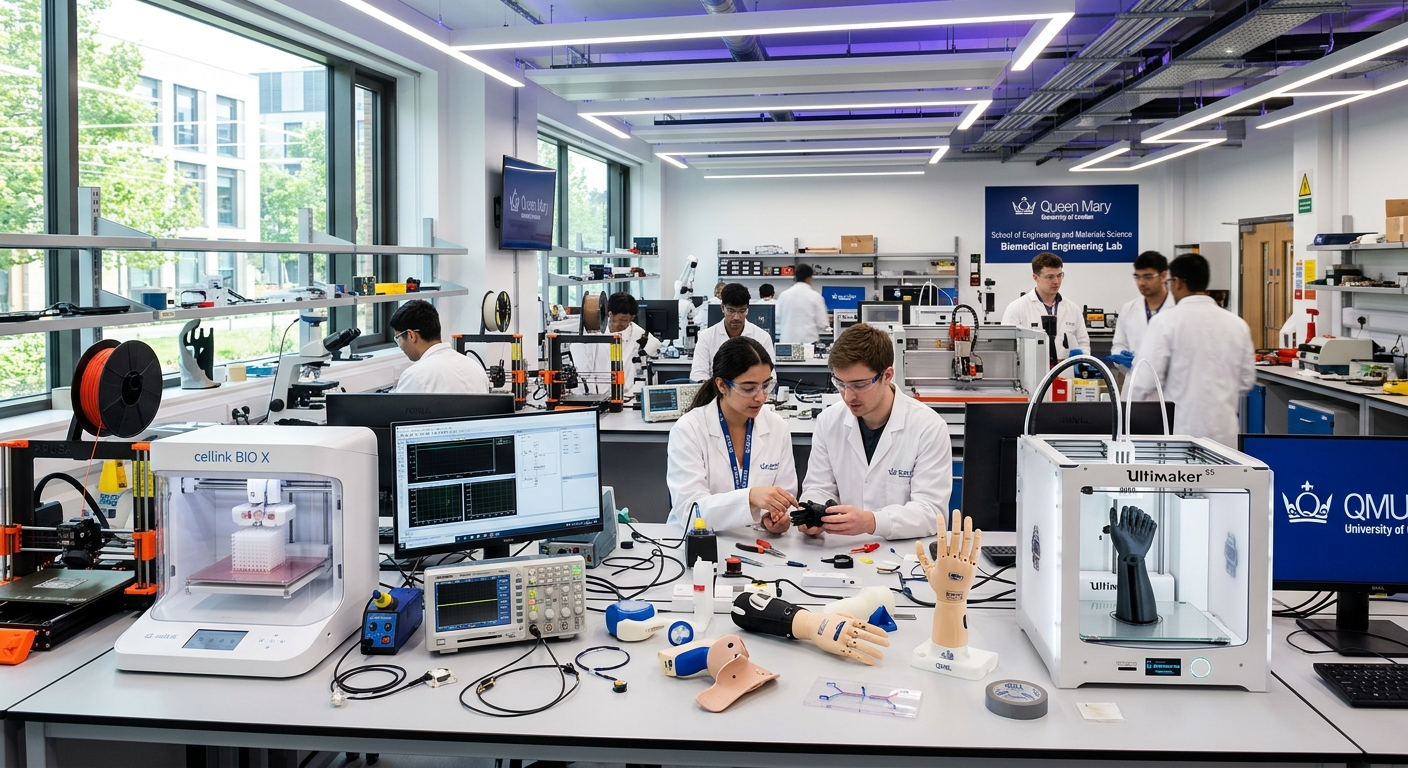 Modern engineering laboratory at Queen Mary University of London Mile End campus, students working with biomedical equipment and 3D printers, bright LED lighting, medical device prototypes on workbenches
