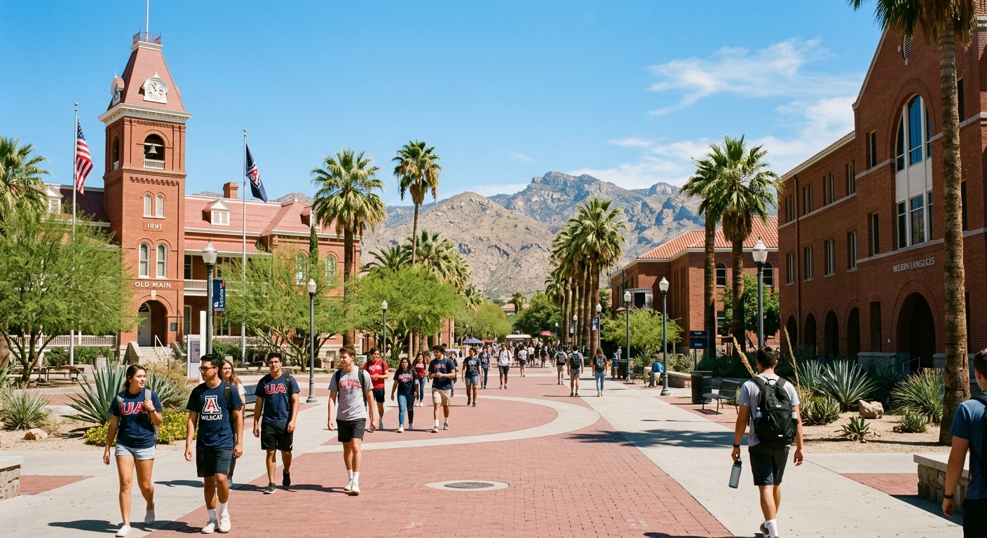 University of Arizona campus in Tucson with red brick buildings, palm trees, desert mountain backdrop, students walking across sunny courtyard with clear blue sky