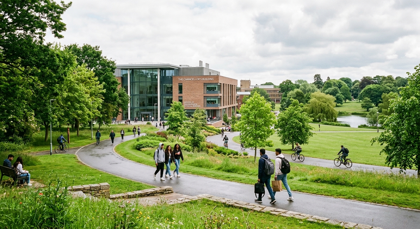 University of Reading Whiteknights campus with modern engineering building, green parkland, students walking along tree-lined pathways, bright overcast English sky