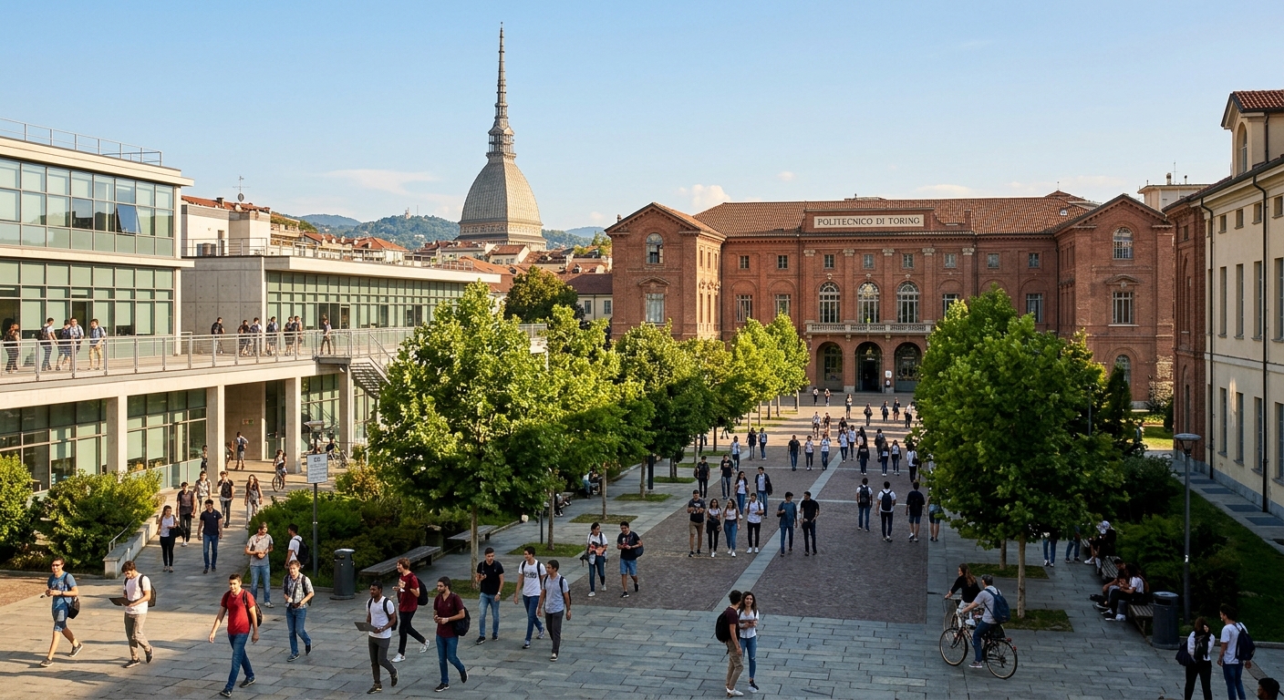 Modern engineering campus of Politecnico di Torino with historic buildings and the Mole Antonelliana visible in the background, students walking through tree-lined courtyards, warm Mediterranean sunlight