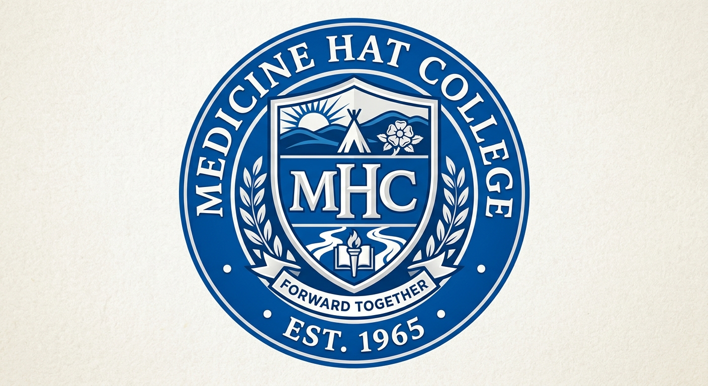 Medicine Hat College official logo, MHC initials with coat of arms design, blue and white color scheme