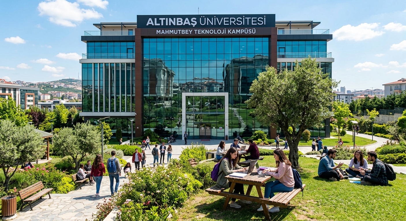 Altinbas University Mahmutbey Technology Campus main building, modern glass facade, students studying outdoors, green landscaping, sunny day in Istanbul