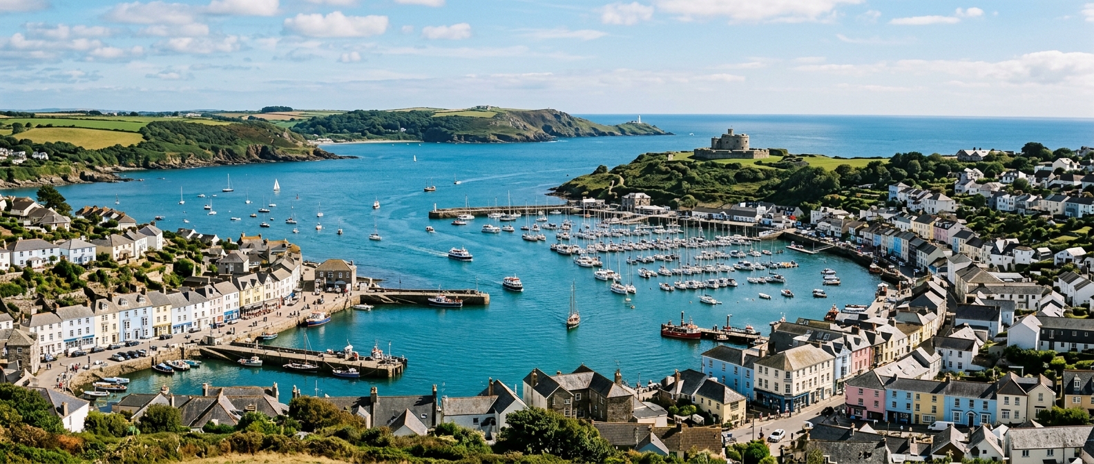 Panoramic view of Falmouth harbour and coastline, colourful waterfront buildings, sailing boats in the natural harbour, green headlands, blue ocean, typical Cornish coastal town atmosphere