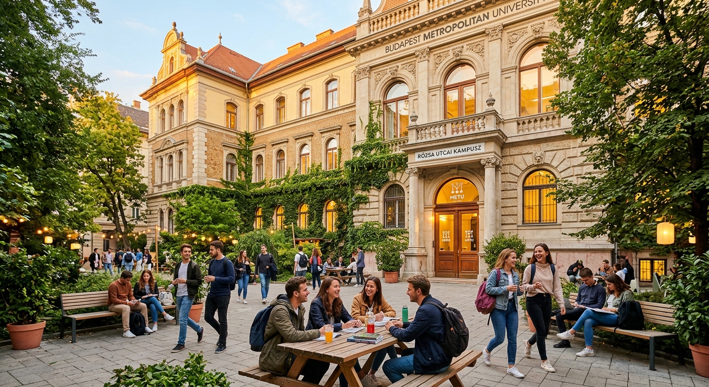 Rózsa street campus building of Budapest Metropolitan University, renovated historic structure, students in outdoor courtyard area, warm lighting