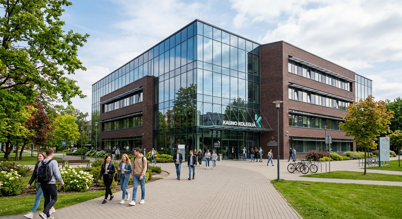 Modern Kauno Kolegija academic building exterior with glass and brick facade, students on walkways, green landscaping, Kaunas Lithuania