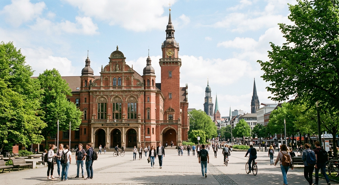 University of Hamburg main building with historic red-brick architecture, students walking across the central campus in Rotherbaum district, green trees and Hamburg cityscape in background, bright daylight