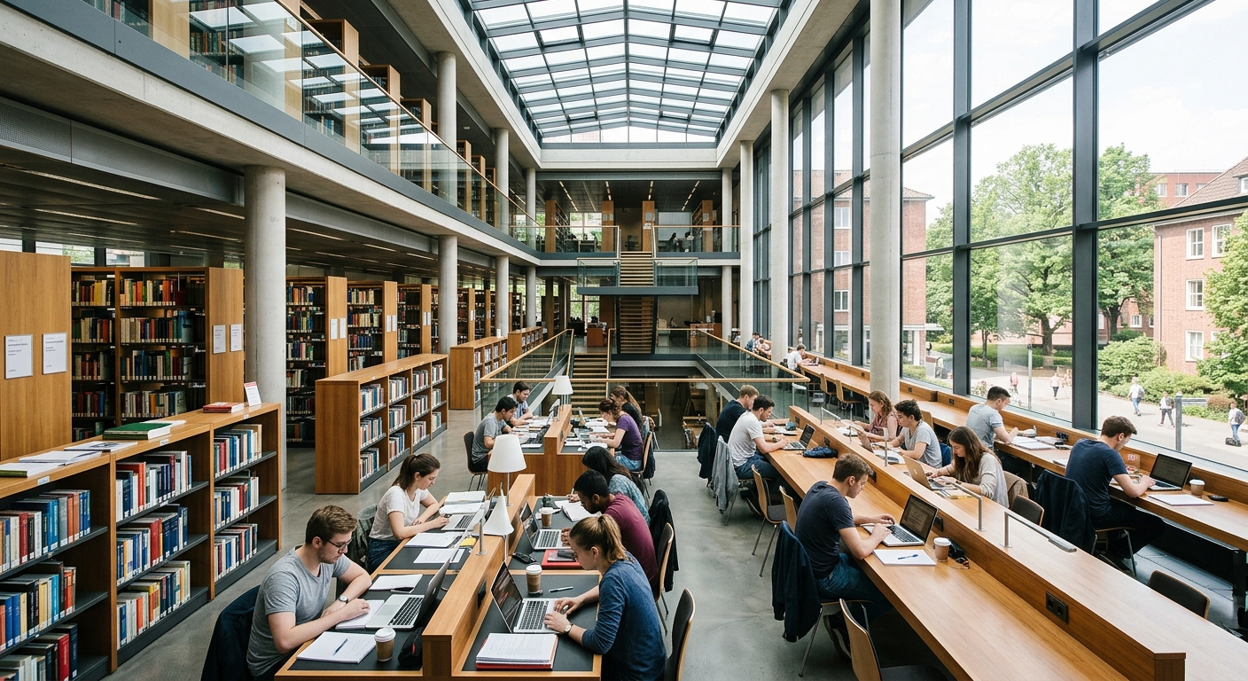 Modern university library interior at University of Hamburg with rows of bookshelves, study desks, natural light streaming through large windows, students studying