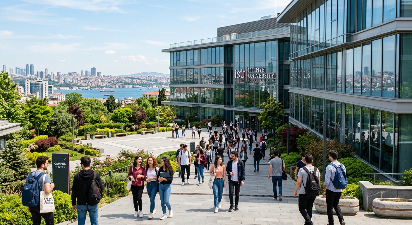 Modern Istinye University campus building in Istanbul with glass facades, students walking through a landscaped courtyard, city skyline in the background, bright daylight