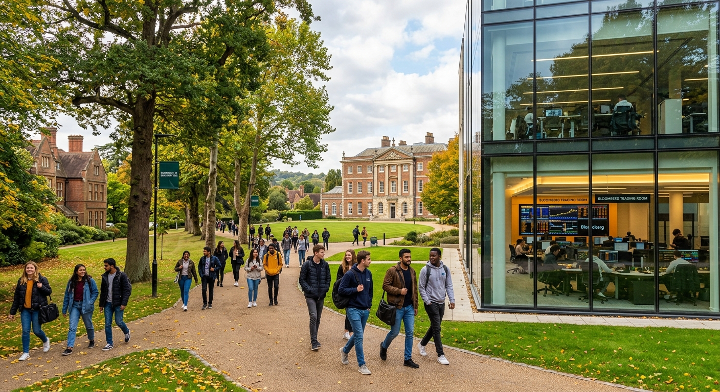 University of Roehampton campus in southwest London, parkland setting with historic college buildings, students walking along tree-lined pathways, Bloomberg Trading Room visible through modern glass windows