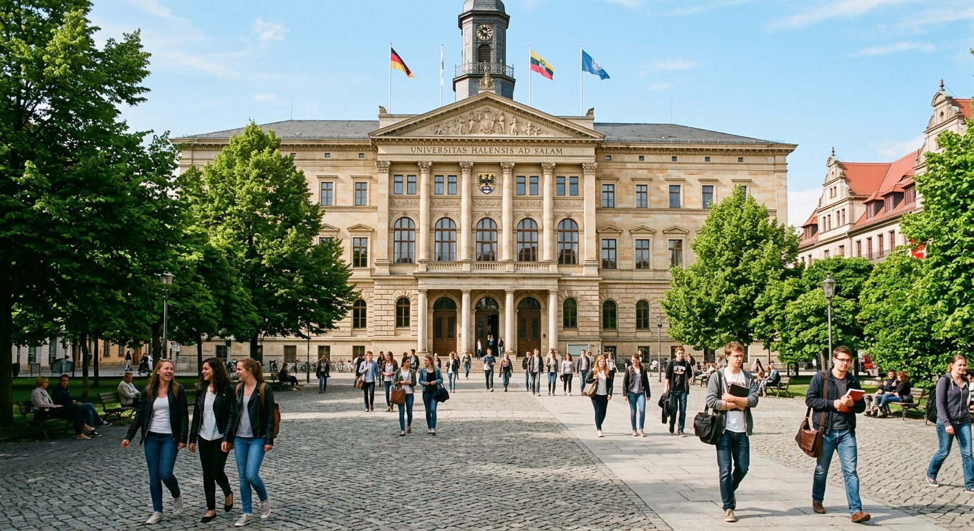 Historic university building at Universitaetsplatz in Halle Saale Germany with students walking across a sunlit courtyard, classical European architecture, green trees lining the square, blue sky