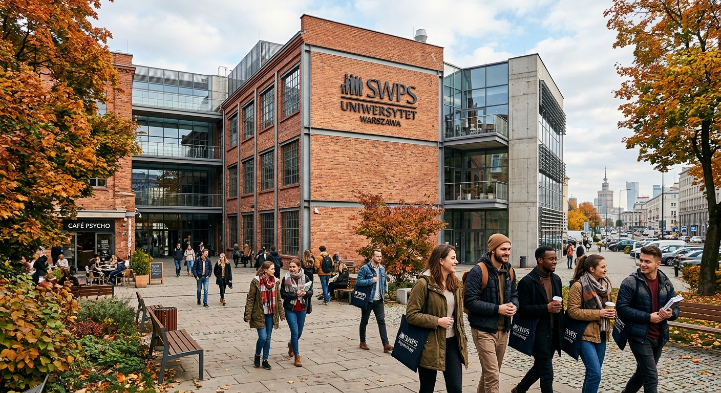 Modern SWPS University Warsaw campus building with renovated industrial architecture, psychology students walking through courtyard, autumn trees and European urban setting