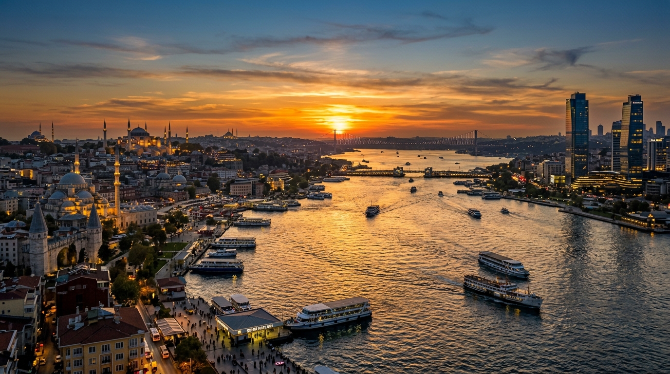Istanbul skyline panorama showing the Bosphorus strait, historic mosques and minarets, modern skyscrapers, ferries crossing the water, golden sunset light reflecting off the sea
