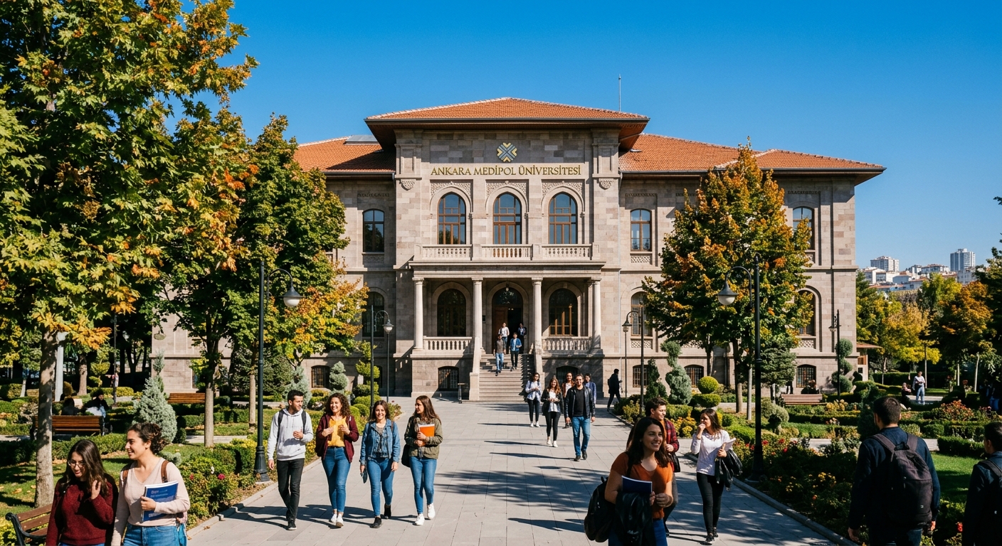 Historic campus building of Ankara Medipol University in the center of Ankara, Turkey, with students walking through a tree-lined courtyard, classical Republican-era architecture, clear blue sky