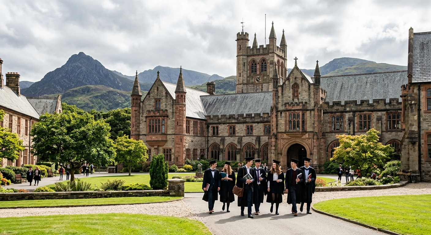 Historic Bangor University Main Arts building with Gothic architecture, students in academic gowns walking through the courtyard, lush green mountains of Snowdonia visible in the background, bright overcast Welsh sky
