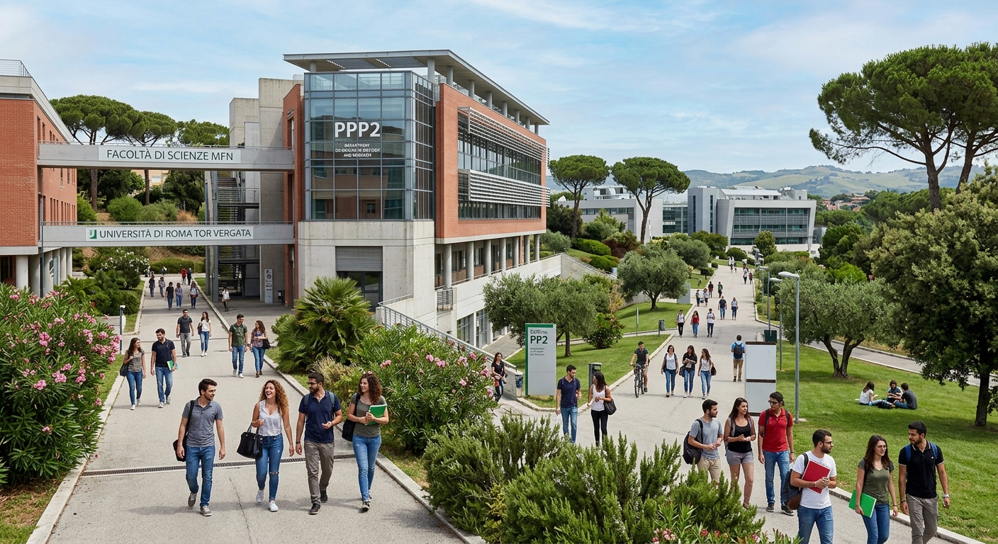 Modern university campus of Roma Tor Vergata with science laboratories and research buildings, green Mediterranean landscape, students walking between contemporary architecture buildings in Rome, Italy