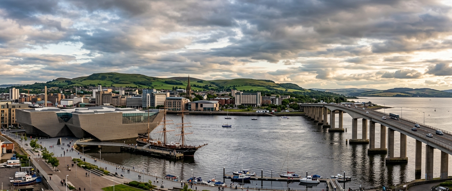 Panoramic view of Dundee waterfront showing V&A Dundee museum, River Tay, Tay Road Bridge, and city skyline with green hills in the background under a dramatic Scottish sky