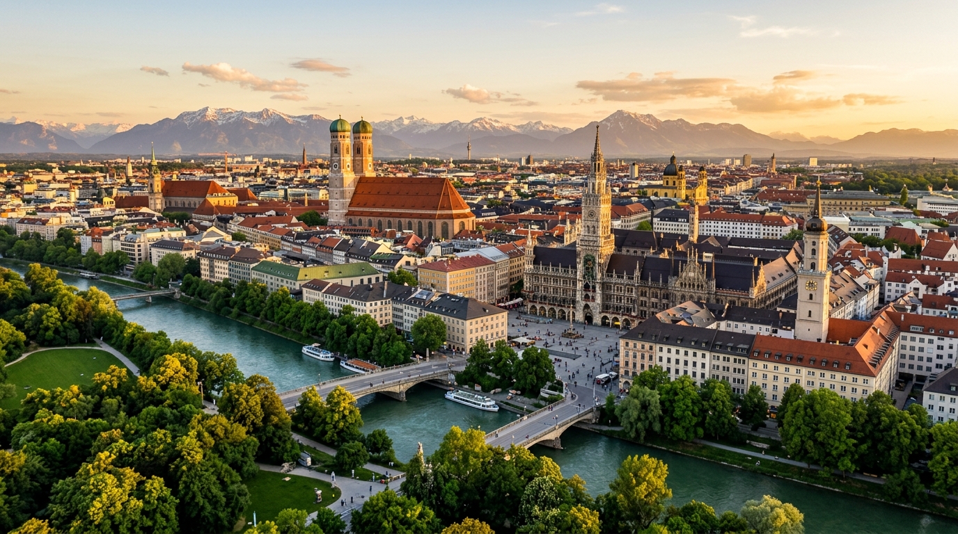 Munich cityscape panorama with Frauenkirche twin domes, Marienplatz town hall, Bavarian Alps in background, Isar River flowing through green parks, golden hour lighting