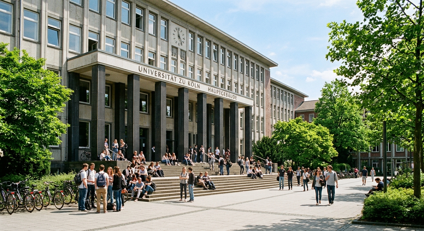 University of Cologne main building exterior, large modernist facade with columns, students gathering on the front steps, green trees lining the walkway, bright daylight