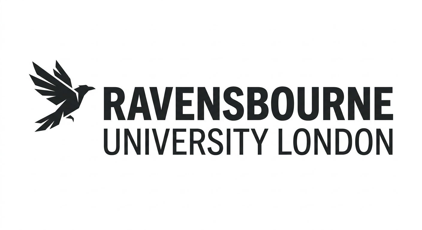 Ravensbourne University London official logo, bold modern typography in dark color on white background