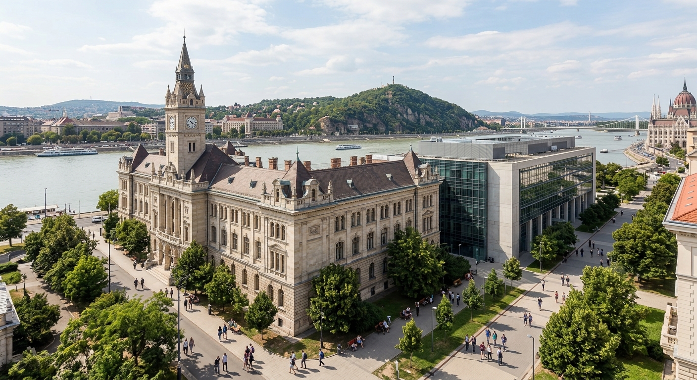 Budapest University of Technology and Economics main campus building along the Danube river, historic architecture with modern engineering facilities, students walking on tree-lined paths, Budapest cityscape in background