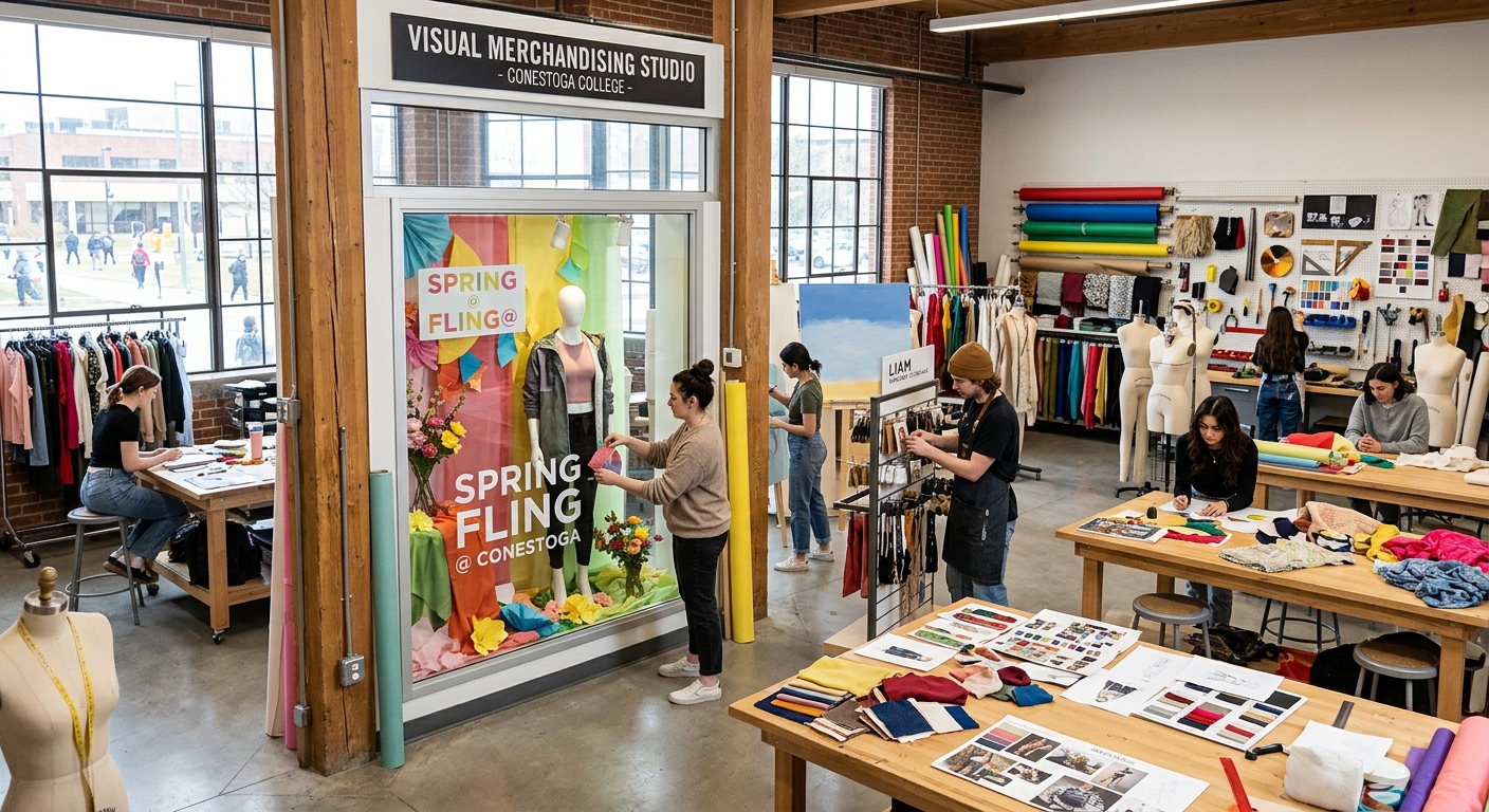 Creative visual merchandising studio at Conestoga College with students designing window displays, arranging props, and working on retail design projects, colorful materials and mannequins visible, modern workshop environment with natural lighting