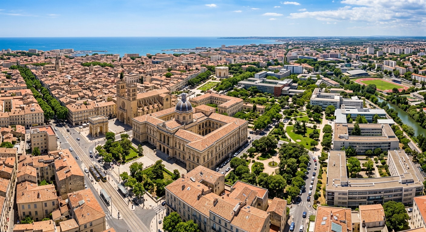 Aerial view of Université de Montpellier campus and historic Faculty of Medicine building, with Montpellier cityscape, Mediterranean-style architecture, and sunny blue skies in southern France