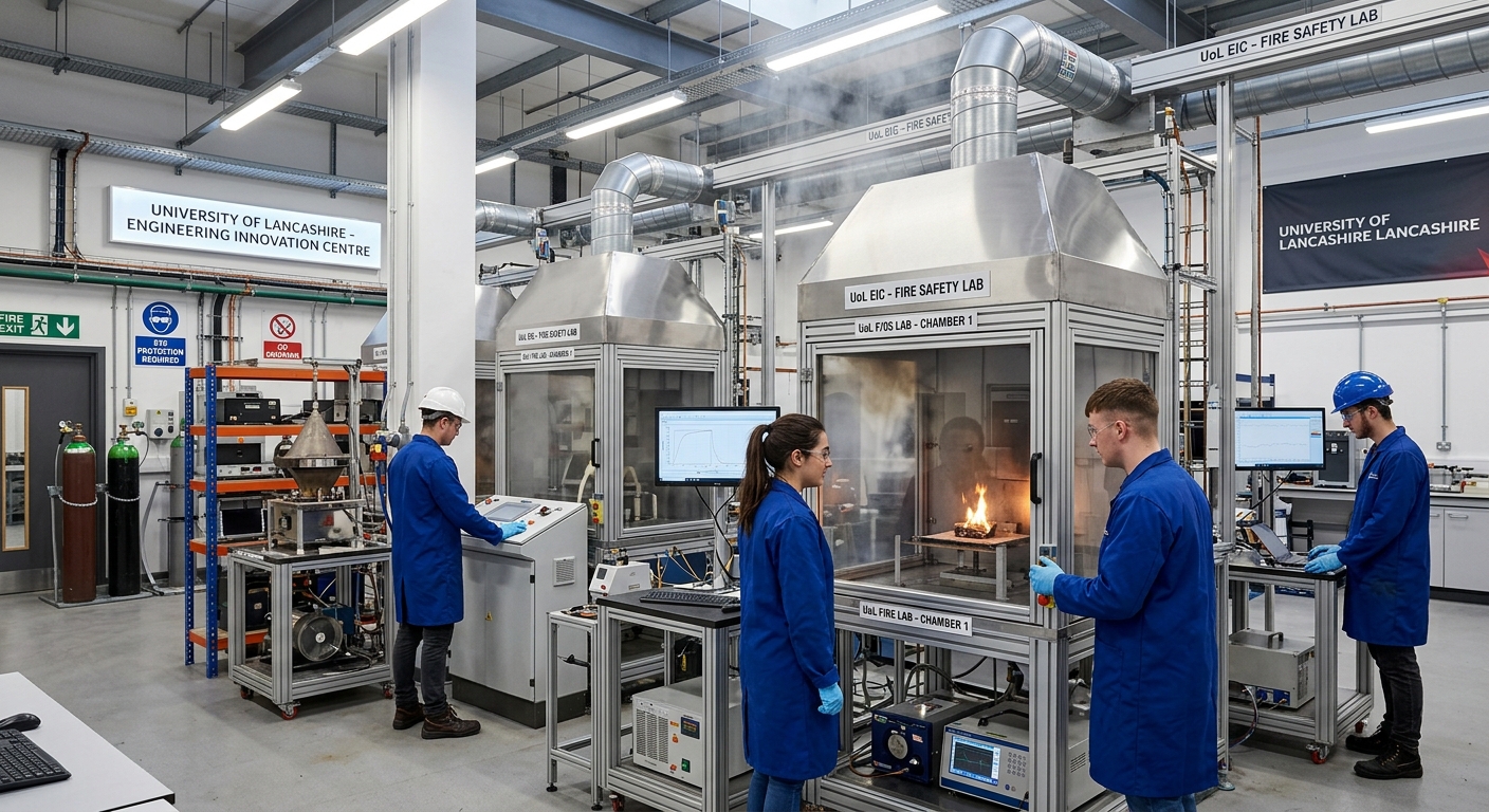 Modern university engineering laboratory with fire safety testing equipment, students in safety gear conducting experiments, large ventilation hoods and fire simulation chambers visible, bright industrial lighting at the University of Lancashire Engineering Innovation Centre