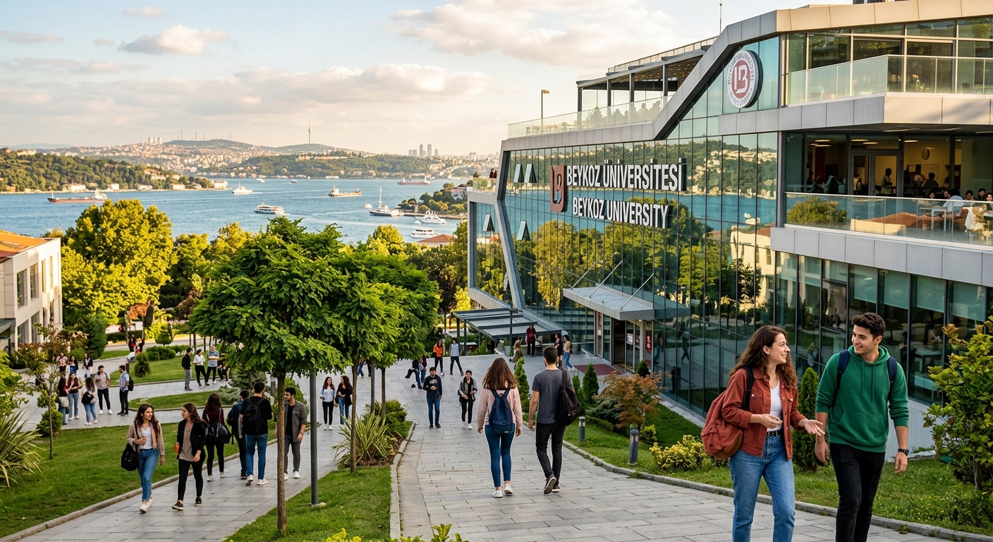 Modern Beykoz University campus building in Istanbul with glass facade, green trees lining the walkway, students carrying backpacks walking between lecture halls, Bosphorus visible in the background, warm afternoon sunlight