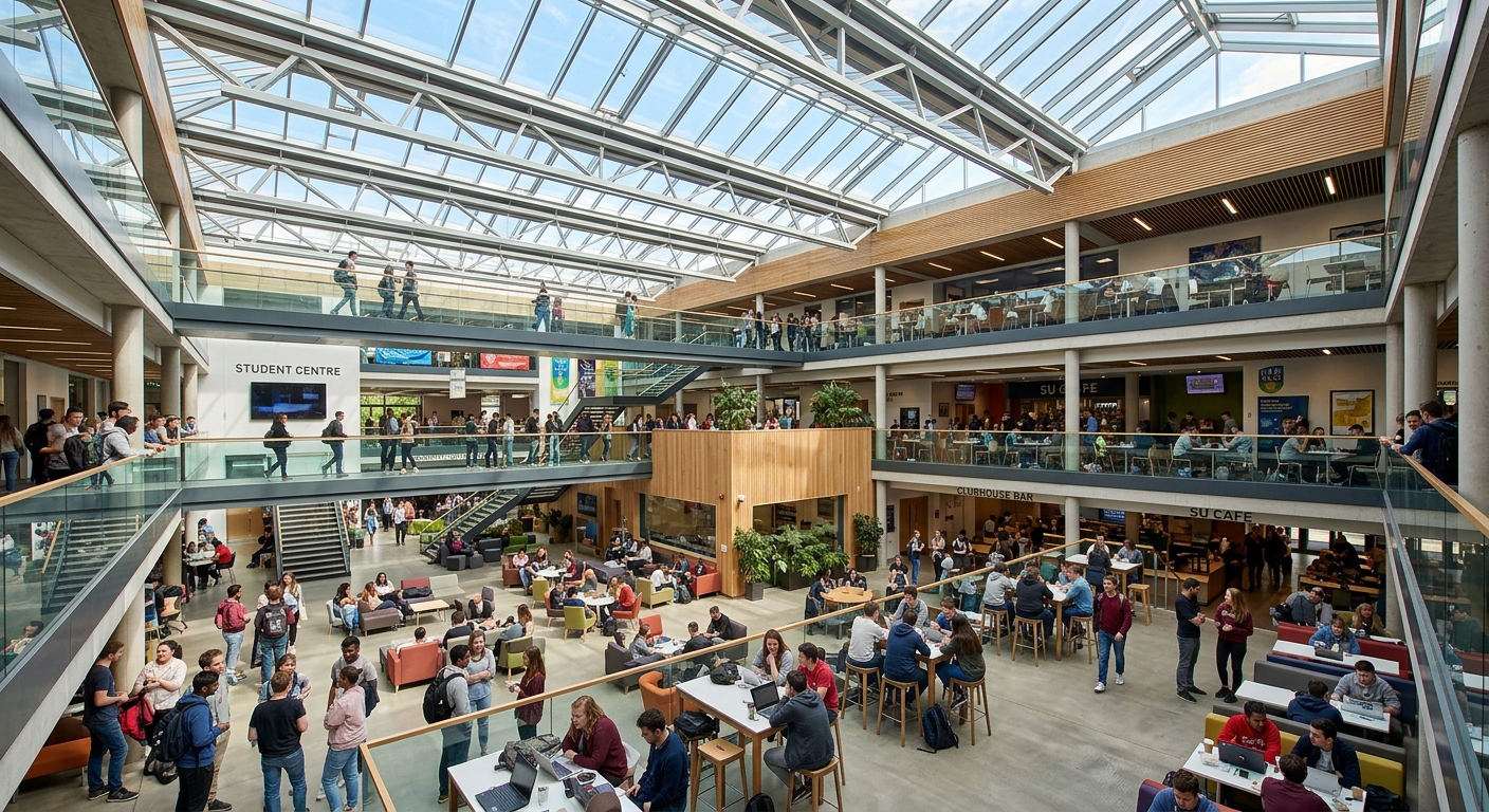 UCD Student Centre interior, bright open atrium with multiple levels, students socialising in modern common areas, large skylights flooding space with natural light