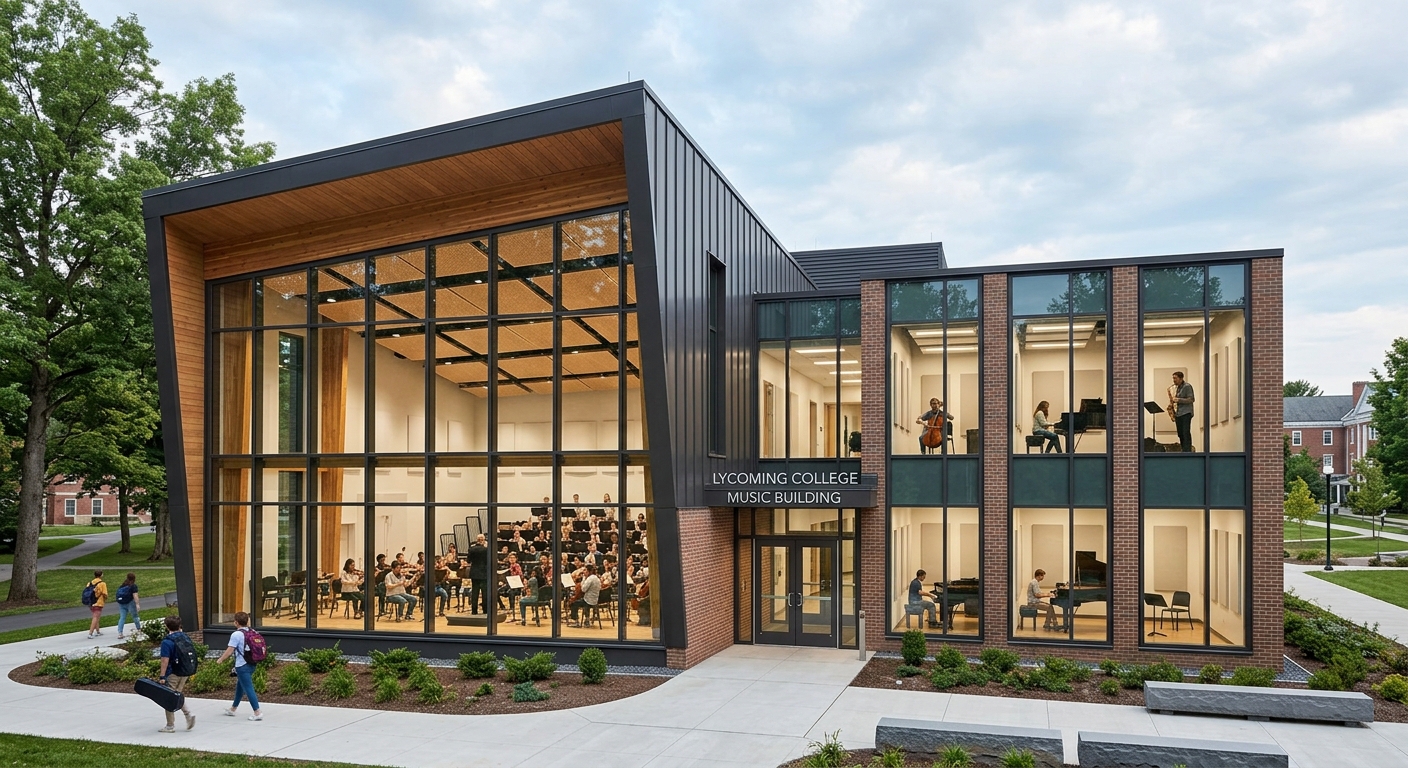 Lycoming College Music Building, modern architectural design with signature rehearsal and recital space, soundproof practice rooms visible through windows