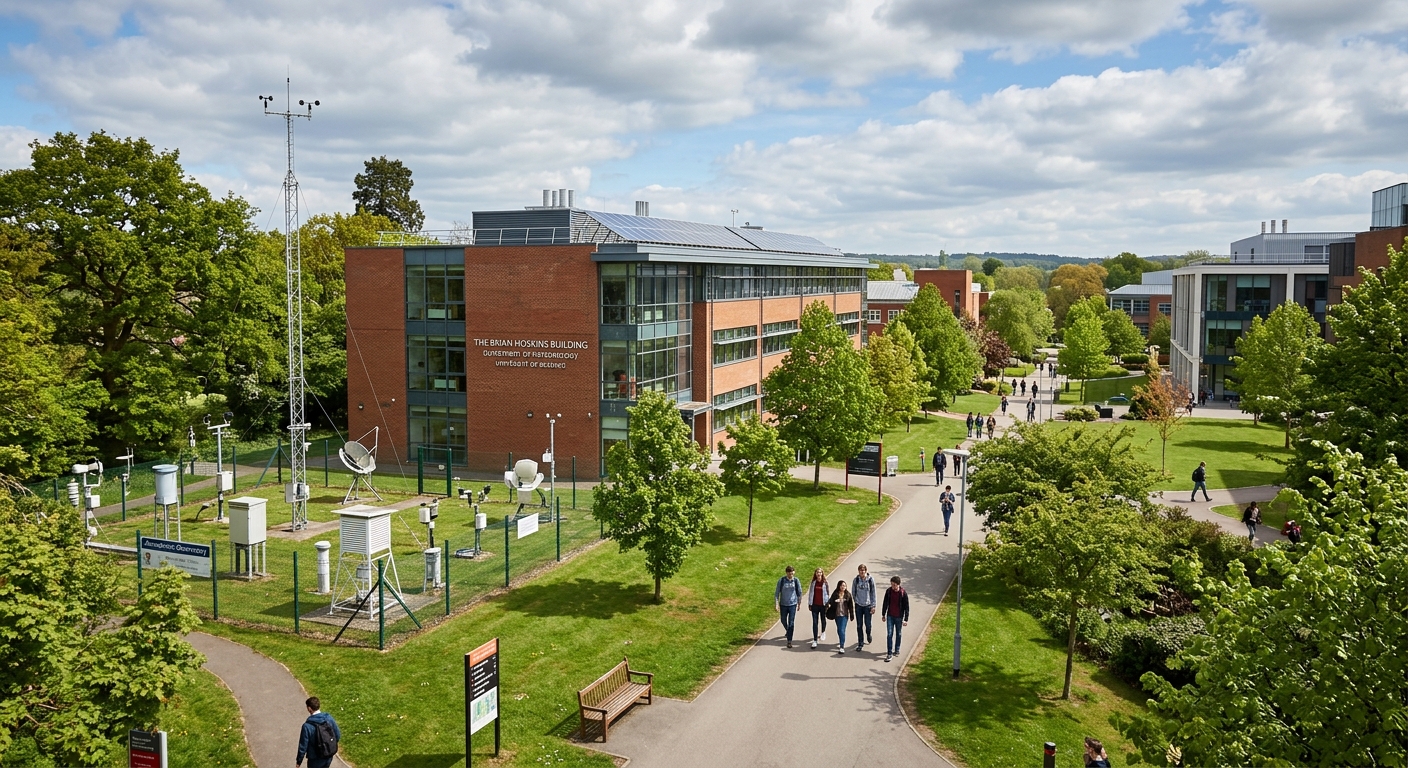 University of Reading campus with the Brian Hoskins Building housing the Department of Meteorology, atmospheric observatory instruments visible, green parkland surroundings, students walking on pathways under partly cloudy skies in Reading, England