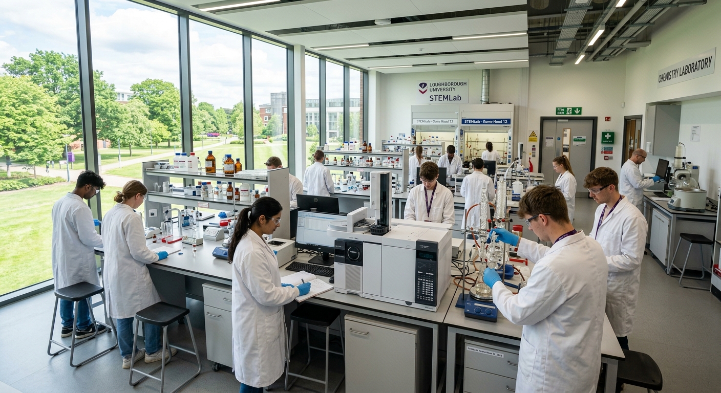 Modern chemistry laboratory at Loughborough University STEMLab, students in lab coats conducting experiments with glassware and analytical instruments, bright well-lit facility with green campus visible through windows