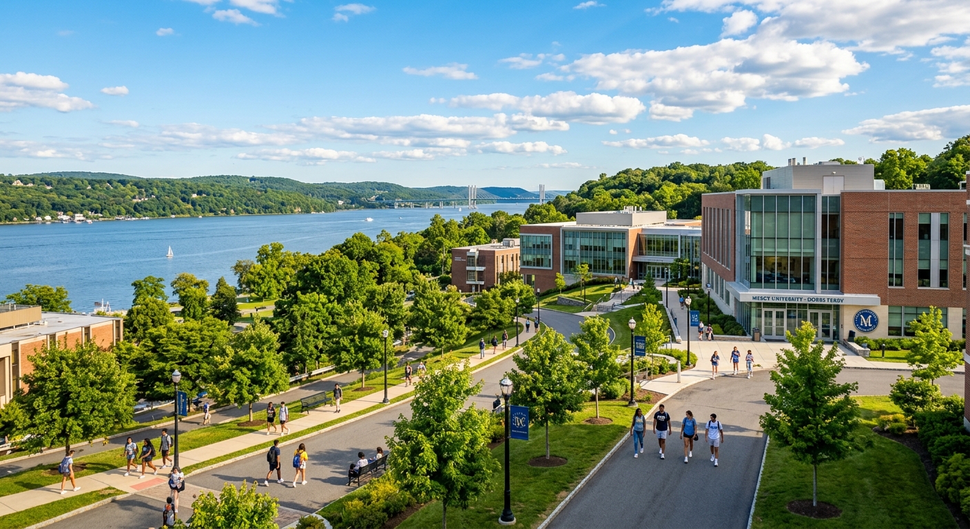 Mercy University Dobbs Ferry campus with modern academic buildings surrounded by green trees along the Hudson River, students walking on pathways, bright sunny day in New York