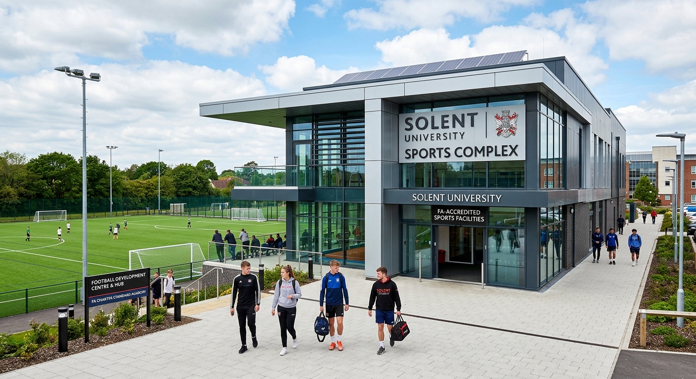 Solent University sports complex exterior, modern building with large windows, FA-accredited sports facilities, green playing fields visible, students in sportswear walking nearby