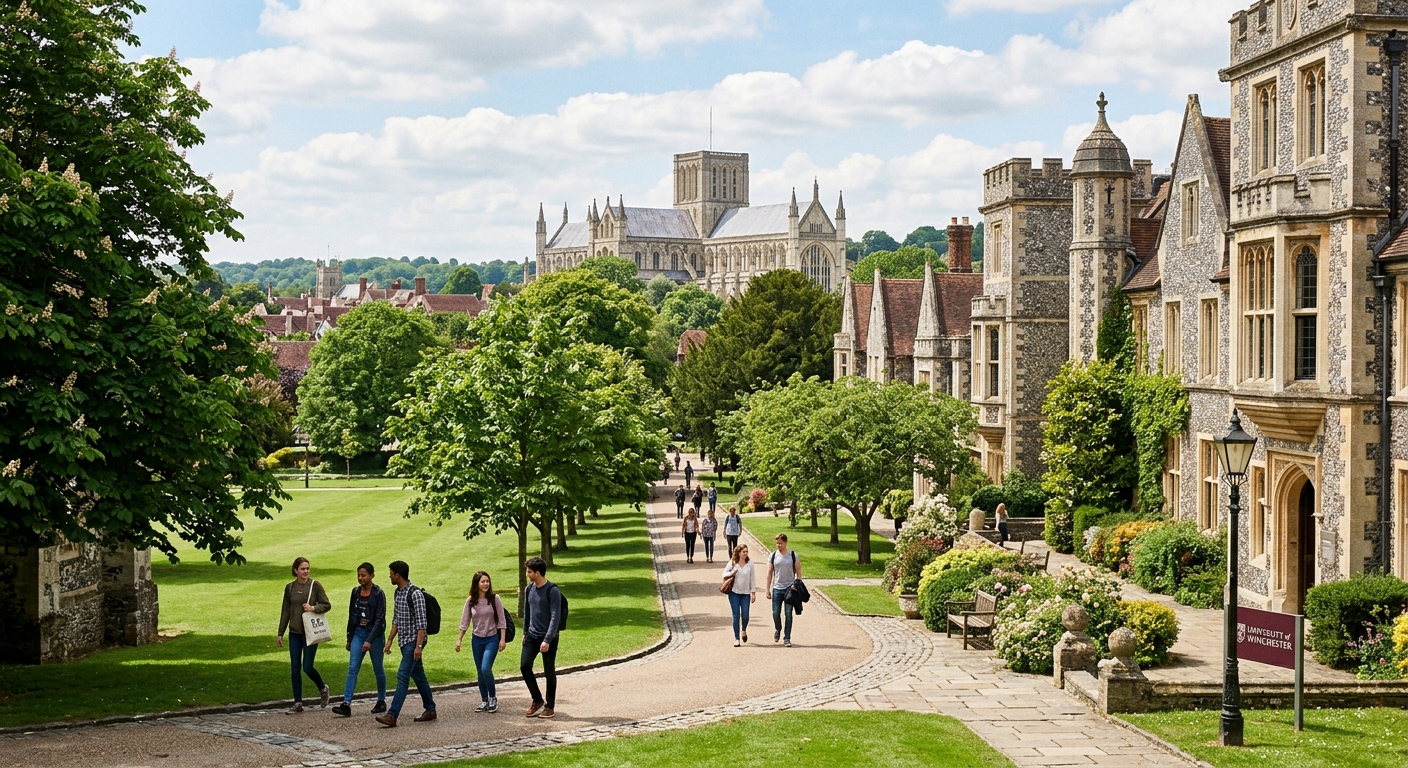 University of Winchester historic campus with green lawns and Gothic architecture, students walking along tree-lined pathways in Winchester, Hampshire, England, with views of the cathedral in the background