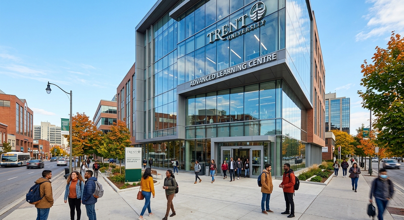 Modern Advanced Learning Centre building in downtown Oshawa, Trent University Durham GTA campus, glass facade with students walking, urban Canadian setting with trees and clear sky