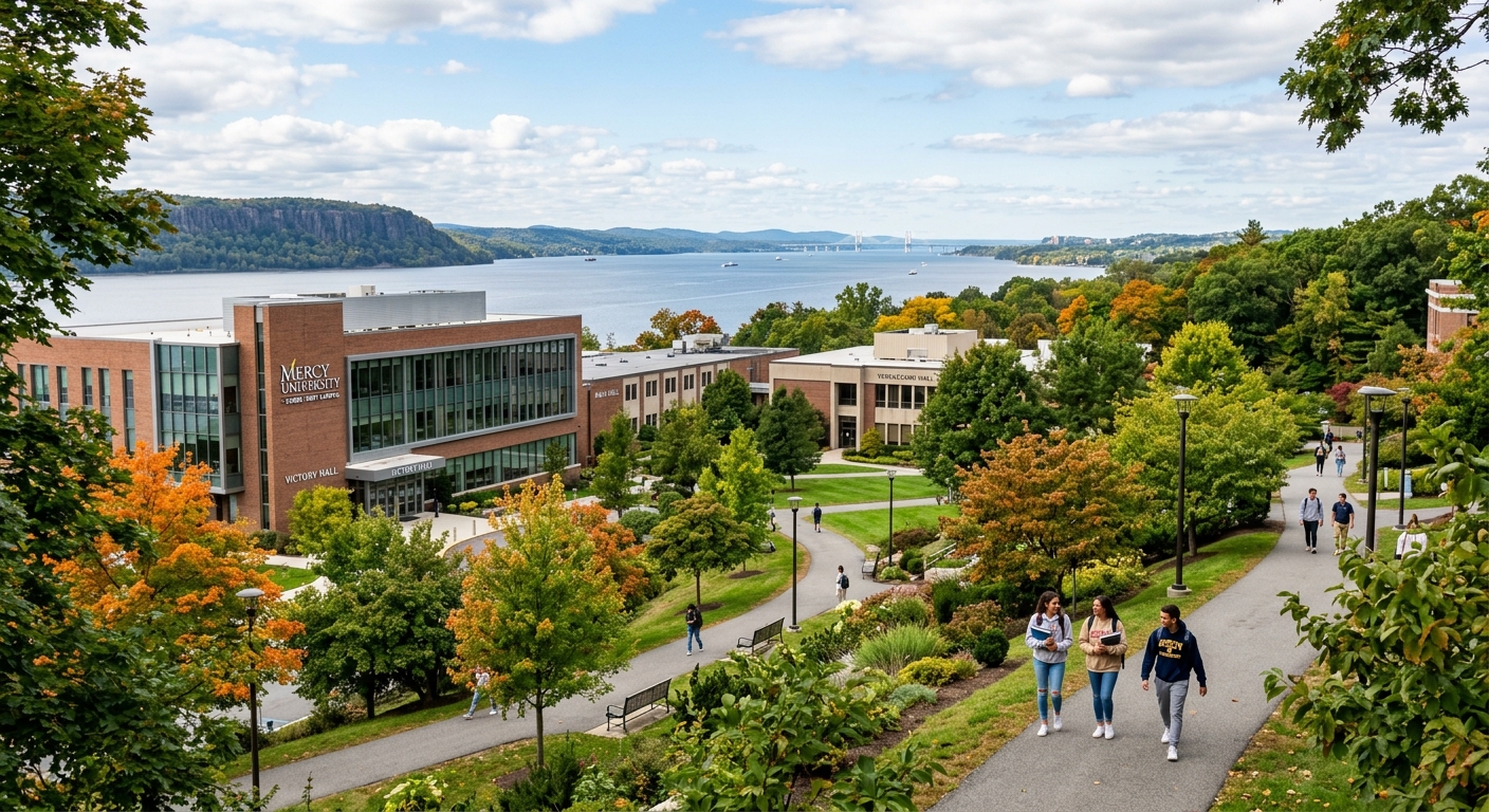 Mercy University Dobbs Ferry campus with Hudson River views, modern academic buildings surrounded by trees, students walking on pathways in a suburban New York setting