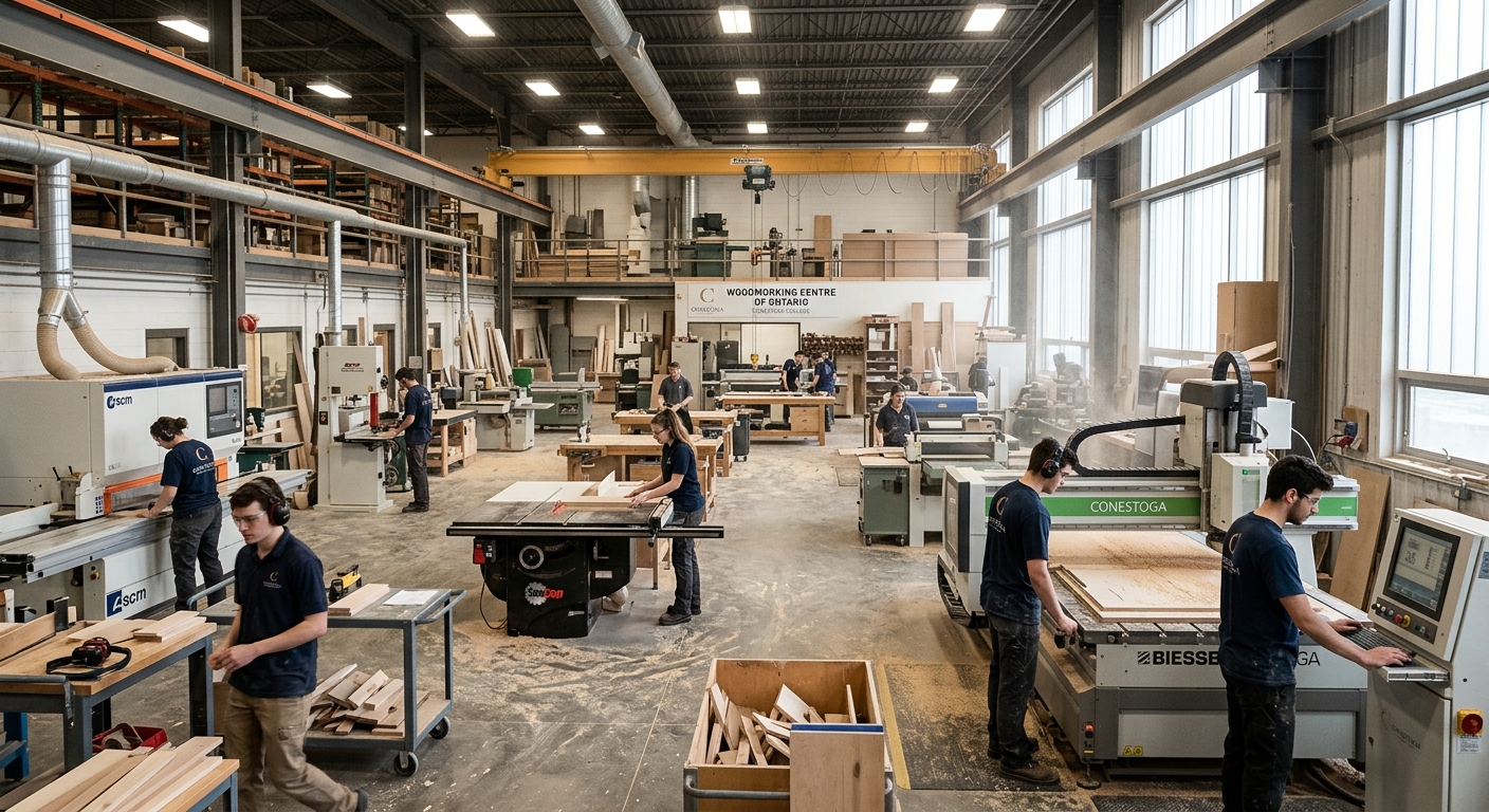 Spacious industrial woodworking workshop with students operating CNC machines and woodworking equipment, sawdust in the air, large production floor with natural and overhead lighting at Conestoga College Woodworking Centre of Ontario