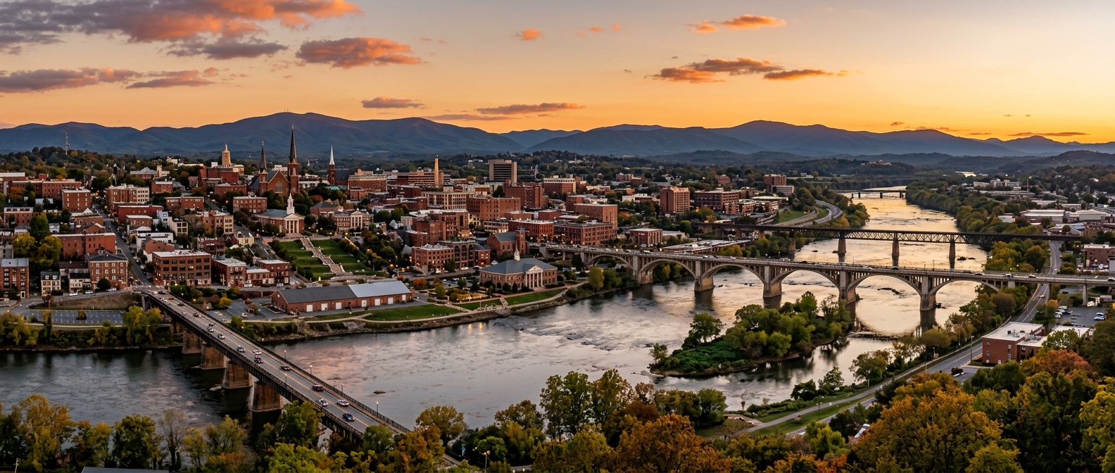 Panoramic view of Lynchburg Virginia cityscape with the James River flowing through the center, historic downtown buildings, and the Blue Ridge Mountains in the background at golden hour