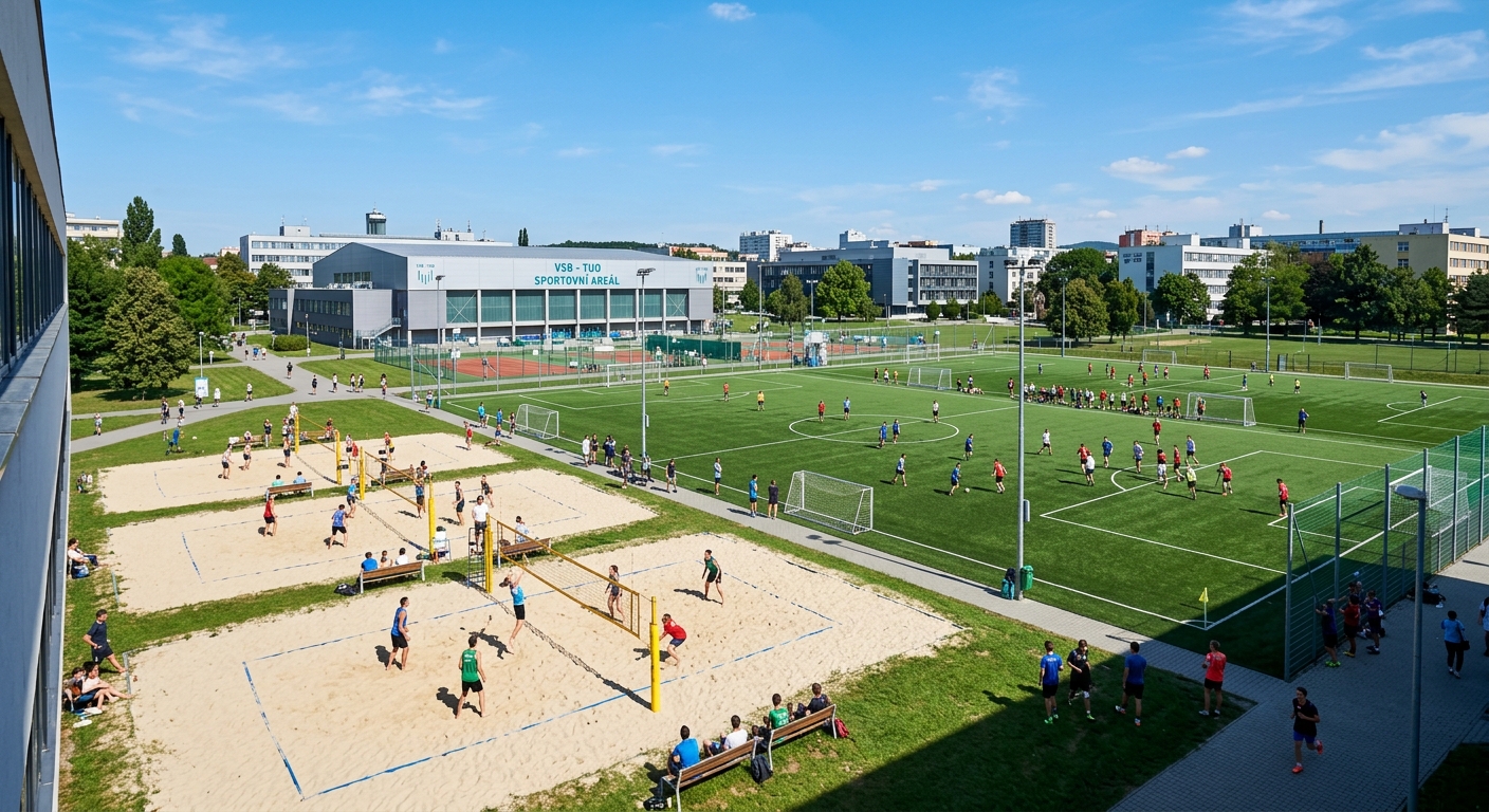 VSB-TUO sports facilities including beach volleyball courts and football pitches, students playing sports on campus, sunny day