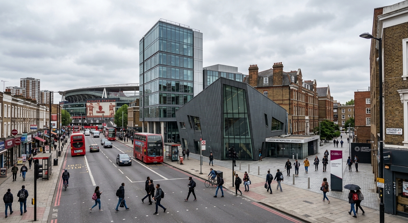 London Metropolitan University Holloway Road campus wide shot, modern university buildings alongside historic architecture, Islington north London streetscape, Emirates Stadium visible in background, overcast British sky with students walking across campus
