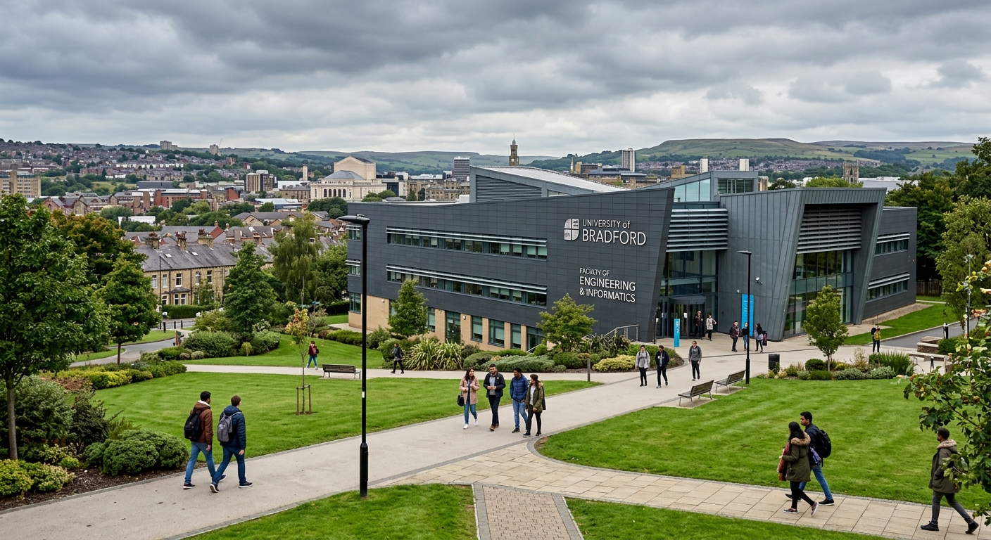 University of Bradford engineering campus building with modern facade, students walking along pathways, green landscaped grounds, West Yorkshire cityscape in the background, overcast British sky
