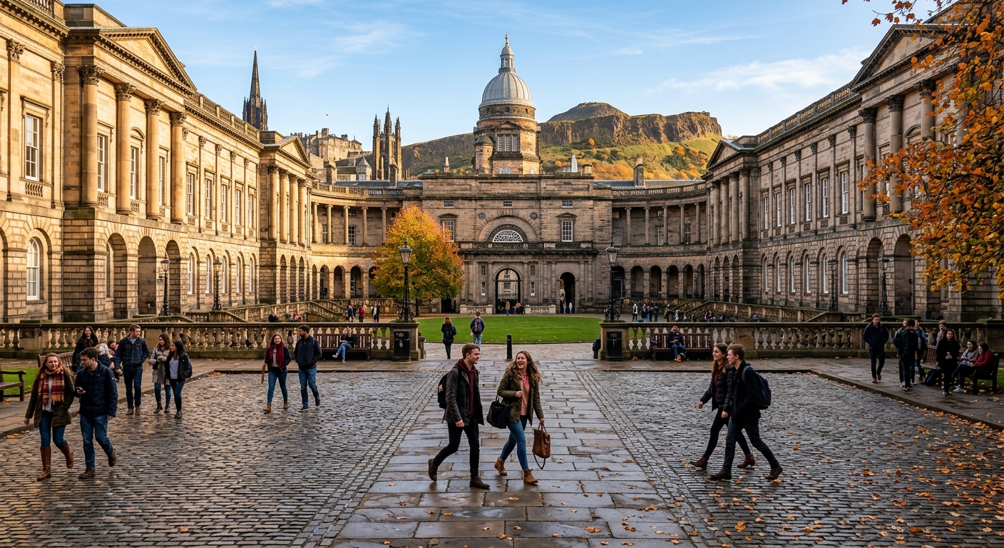 Historic University of Edinburgh Old College quadrangle with neoclassical architecture, students walking across cobblestone courtyard, Edinburgh skyline with Arthur's Seat visible in the background, autumn sunlight