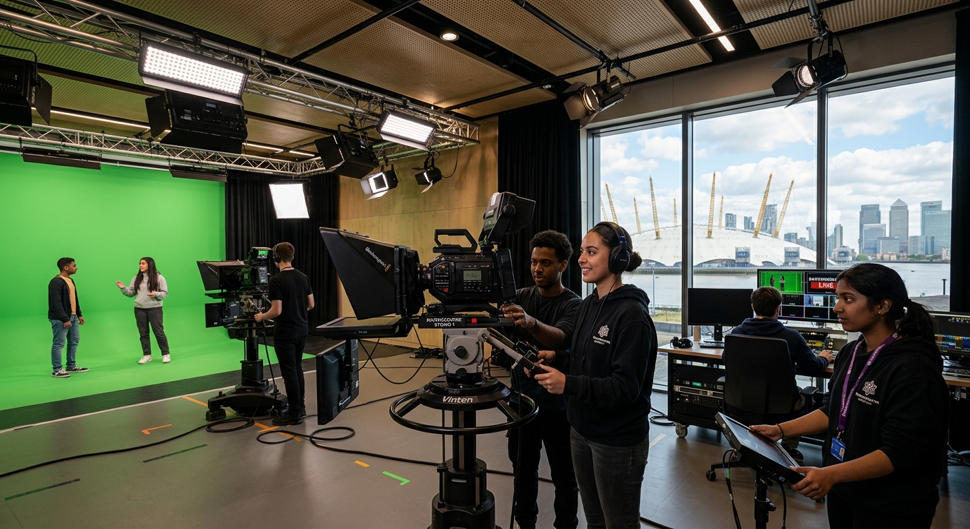 Modern television studio at Ravensbourne University London with professional broadcast cameras, lighting rigs, green screen setup, and students operating equipment on the Greenwich Peninsula campus near the O2 Arena