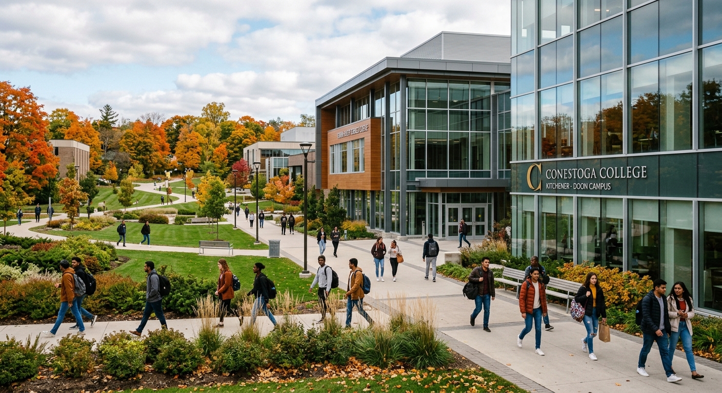 Modern college campus building at Conestoga College in Kitchener Ontario Canada, students walking along pathways with green landscaping, contemporary architecture with glass facades, autumn foliage in the background